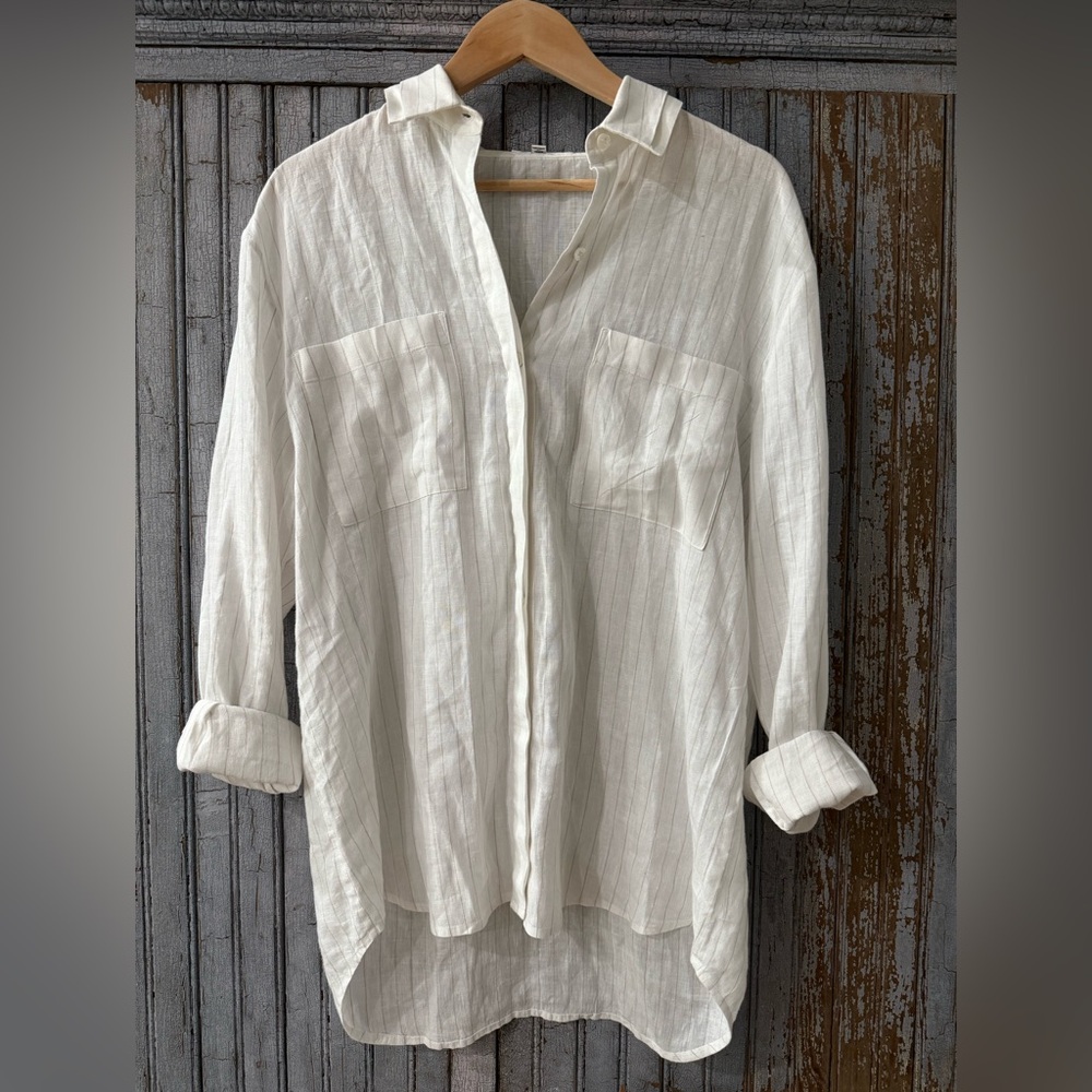 Equipment White Striped Linen Top